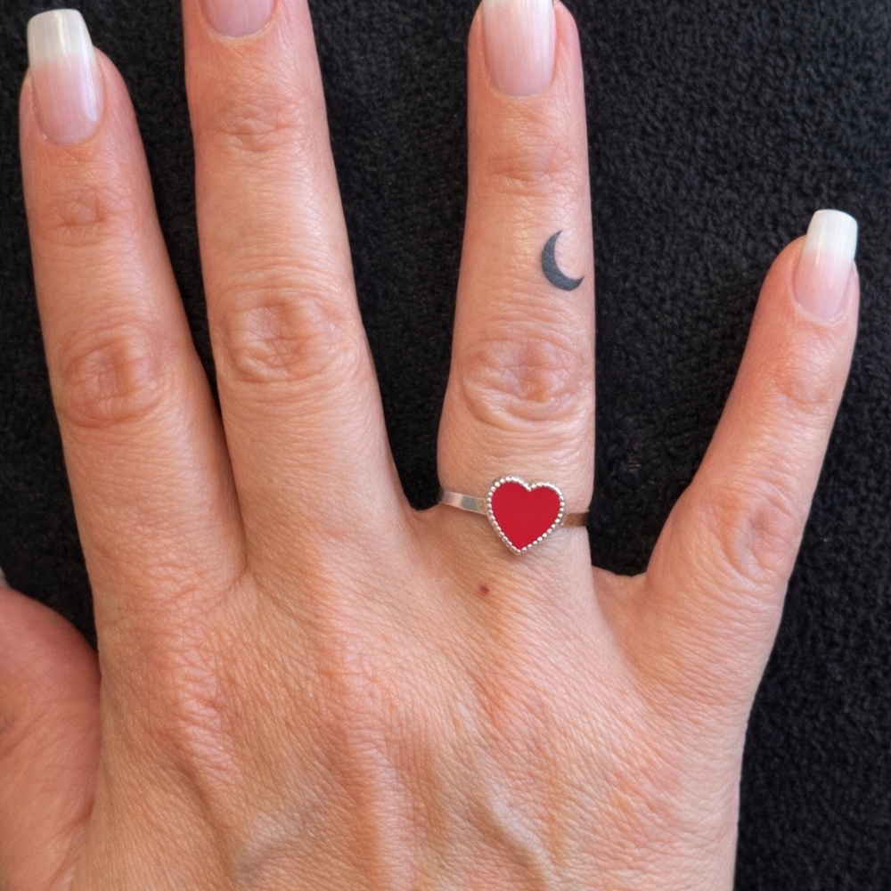 Taxco 925 Sterling Silver Red Heart Ring size 8. Mexican silver jewelry.